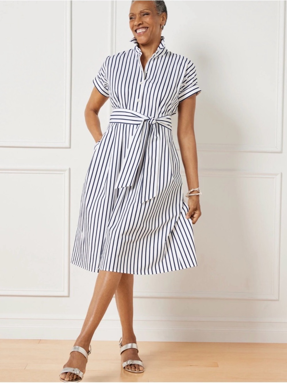 100% Cotton Talbots White & Navy Striped Midi Shirt Dress with Waist Tie